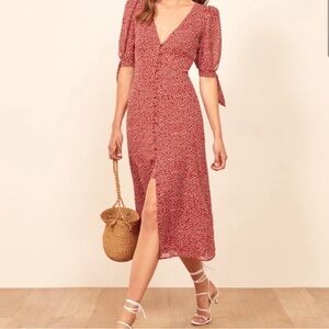 Reformation Midi Dress Red with Floral Print Dress
